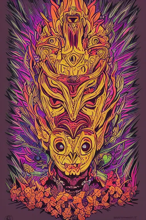 Image similar to animal mask totem roots flower tribal feather gemstone plant wood rock shaman vodoo video game vector cutout illustration vivid multicolor borderlands comics by josan gonzales and dan mumford radiating a glowing aura