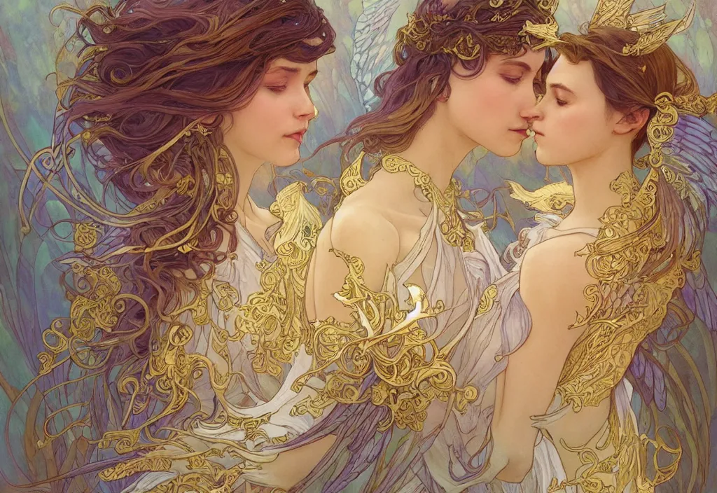 Prompt: a couple with wings, highly detailed, very intricate, art nouveau, gold filigree, romantic storybook fantasy, soft cinematic lighting, award - winning, disney concept art watercolor illustration by mandy jurgens and alphonse mucha and alena aenami, pastel color palette, featured on artstation