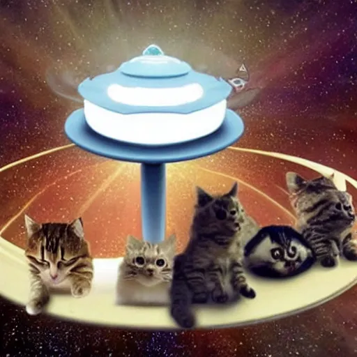 Prompt: ufo flying saucer being piloted by several cats, trippy