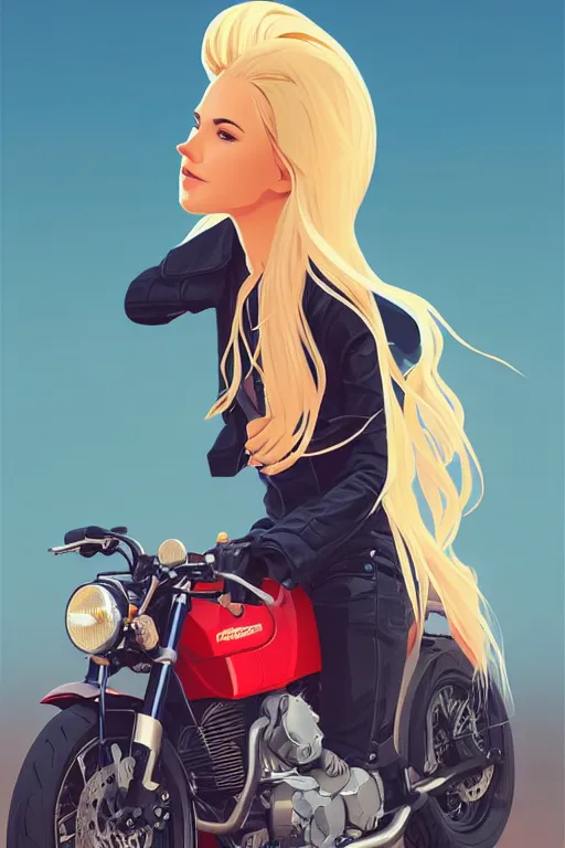 Prompt: a girl on a motorcycle, blond hair, centered, solid bacgkround, median photoshop filter cutout vector behance, hd by artgerm, jesper ejsing, by rhads, makoto shinkai and lois van baarle, ilya kuvshinov, rossdraws, illustration, art by ilya kuvshinov and gustav klimt