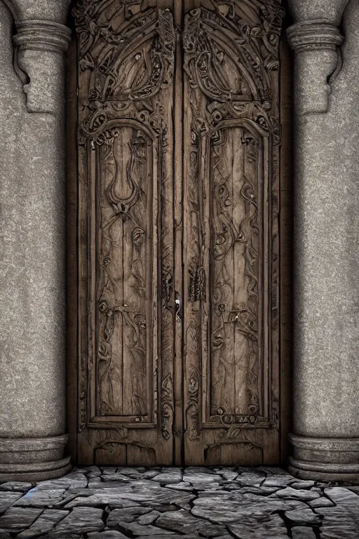 Image similar to a huge old heavy weathered wooden door made with rush plant ornaments in bright metalllic element, ornate, fantasy, photorealistic, octane render, volumetric light, high definition, ultra detailed, artstation, deviantart, cgsociety