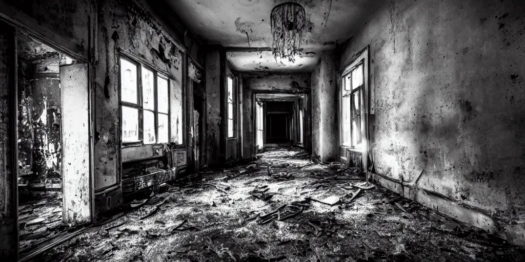 Image similar to a very dark room at night in a derelict house with one light, black and white, grungy