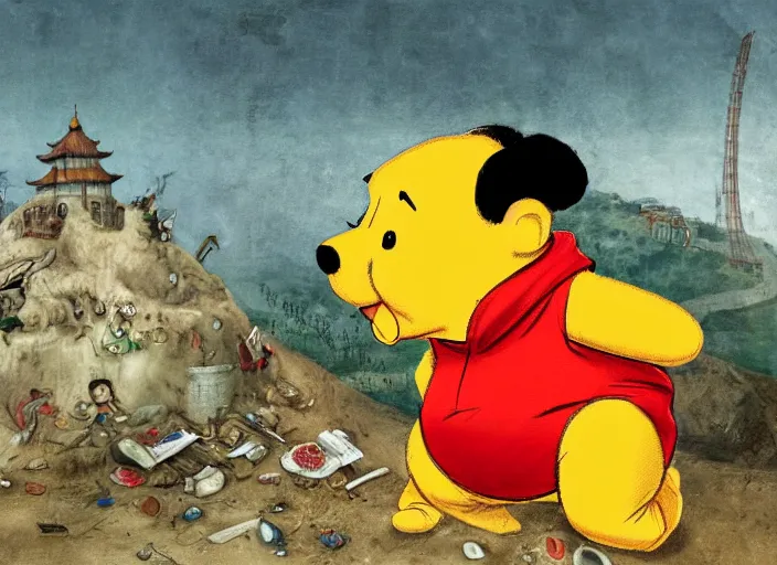 Image similar to portrait of Xi Jinping wearing a Winnie the Pooh onesie in a trashy Chinese dirt poor landfill, hungry, beta weak male, digital painting, concept art, smooth, sharp focus, illustration, from Slumdog Millionaire, by Hieronymus Bosch