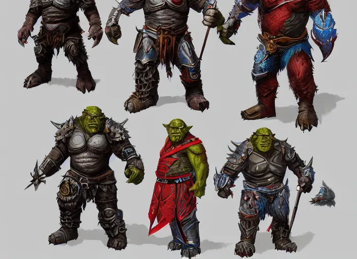 Prompt: three different views of orcs in armour, colourful concept art by senior character artist, trending on artstation, artstation hd, full body, ultra - realistic! intricate!