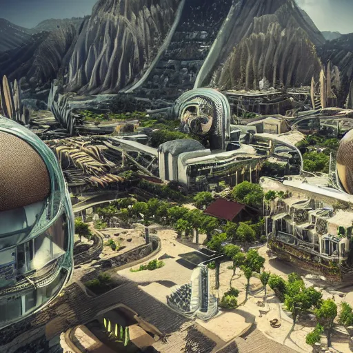 Prompt: futuristic town in crazy locations, ultra realistic, intricate details, highly detailed, photorealistic, octane render, 8 k, vegetation, hills, water