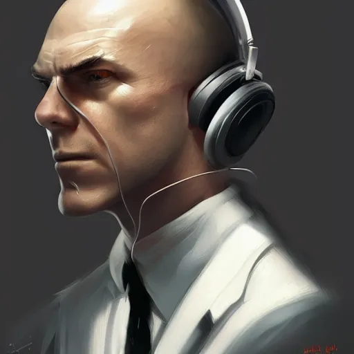 Image similar to a portrait pf agent 4 7 from hitman wearing headphones, highly detailed, digital art, artstation, concept art, smooth, sharp focus, greg rutkowski, wlop