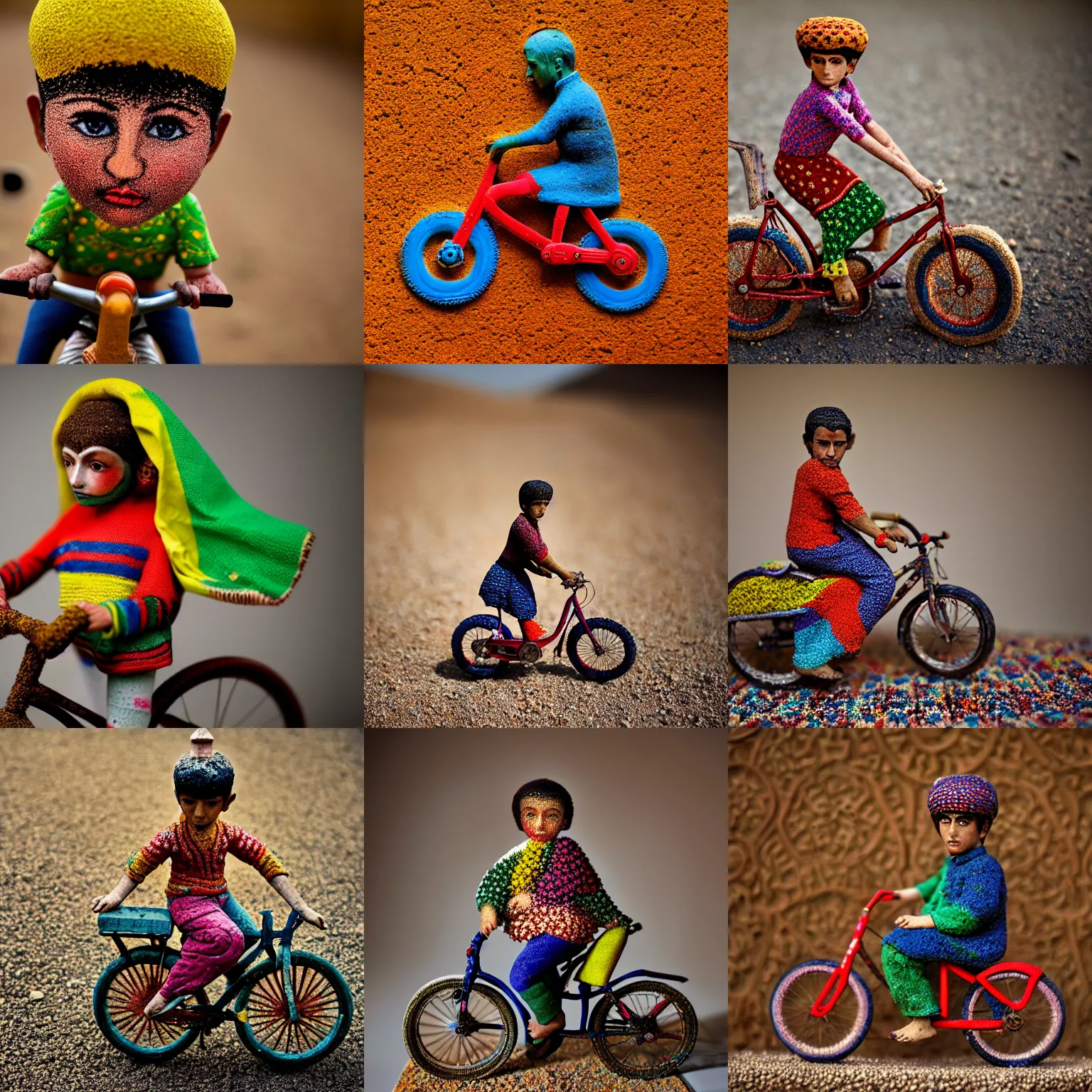 Image similar to portrait of a carpeted figurine of Iranian child on a bike, colourful, detailed, depth of field, intricate, delicate, by Jonas Jensen, Magnum photos