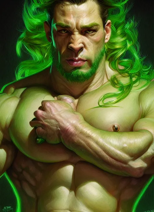 Image similar to portrait of aggressive pig humanoid, d & d, muscular! green, fantasy, intricate, elegant, highly detailed, digital painting, artstation, concept art, smooth, sharp focus, illustration, art by artgerm and greg rutkowski and alphonse mucha