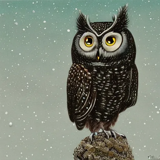 Image similar to a painting of an owl sitting on top of a snowy hill, a surrealist painting by Yoshitaka Amano, behance contest winner, pop surrealism, lovecraftian, ukiyo-e, detailed painting