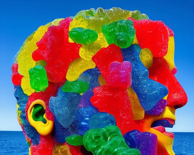 Image similar to a giant sculpture made out of thousands of gummy bears in a human head shape, on the surface of the ocean, in the style of chad knight, long shot, hyper detailed, hyper realistic, ray tracing, 8 k resolution, sharp focus, realistic water, award winning sculpture