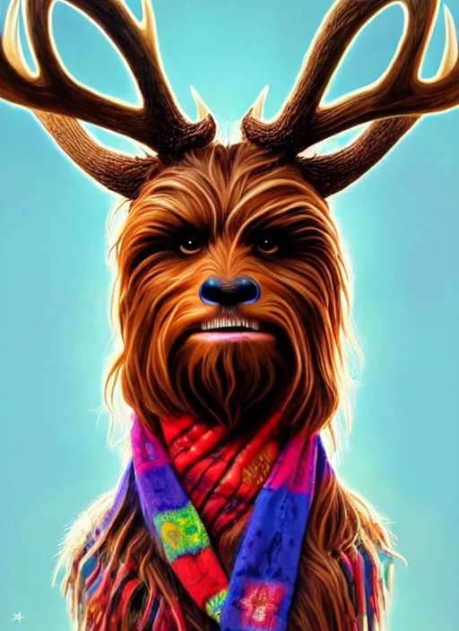 Prompt: symmetry!! portrait of chewbacca as antlered deer wearing a colorful scarf!, intricate, elegant, highly detailed, digital painting, artstation, concept art, smooth, sharp focus, illustration, art by artgerm and greg rutkowski and alphonse mucha, 8 k