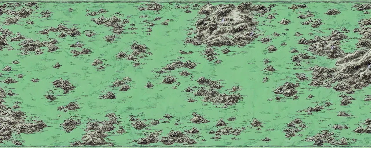 Prompt: Environment map, hunter x hunter. The entire map is land, menacing mountains, ghostly grasslands, foggy forests, except for one large ocean in the middle of the map, the ocean contains four large green islands, bold colours, intricate, highly detailed, cartographic