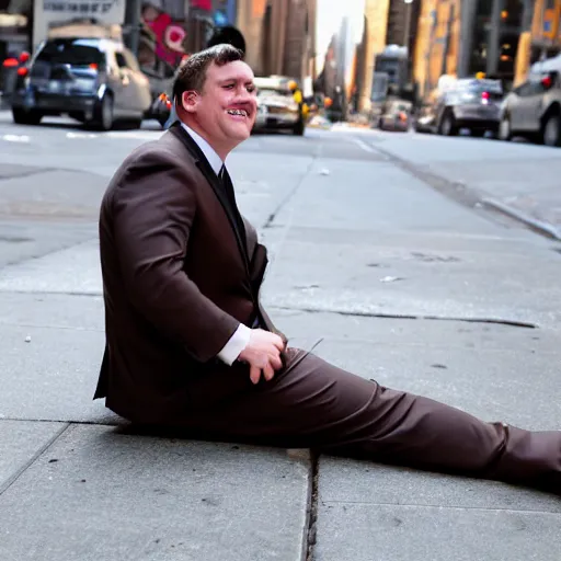 Prompt: A smiling chubby white clean-shaven man dressed in a chocolate brown suit and necktie and black shoes is laying on the ground in New York city.