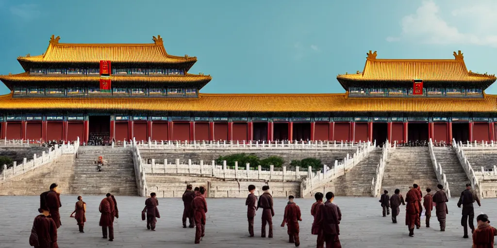 Prompt: a very high resolution image from a new movie, chinese forbidden city in front of modern skyscraper, front view, photorealistic, photography, directed by wes anderson and arkhip kuindzhi