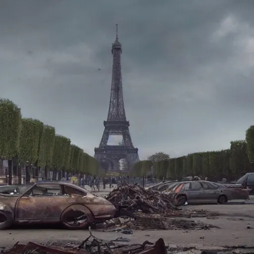 Image similar to A beautiful intricate 8K award-winning ground-level cinematic movie photograph of the future rusting rubble of the fallen and decimated Eiffel Tower, lying in pieces on the ground, surrounded by neon and collapsing corporate video billboard displays. in the year 2050, by Bruno Delbonnel and greg rutkowski. octane render, Arri Alexa 65. Cinematic lighting