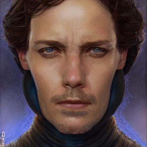 Image similar to paul atreides from dune, closeup portrait art by donato giancola and greg rutkowski, realistic face, digital art, trending on artstation, symmetry!!