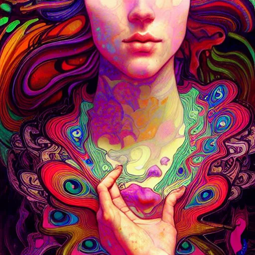 Image similar to A girl having an extremely colorful psychedelic experience, warping time and space, magic mushrooms, psilocybin, LSD, face, detailed, intricate, elegant, highly detailed, digital painting, artstation, concept art, smooth, sharp focus, illustration, art by Krenz Cushart and Artem Demura and alphonse mucha