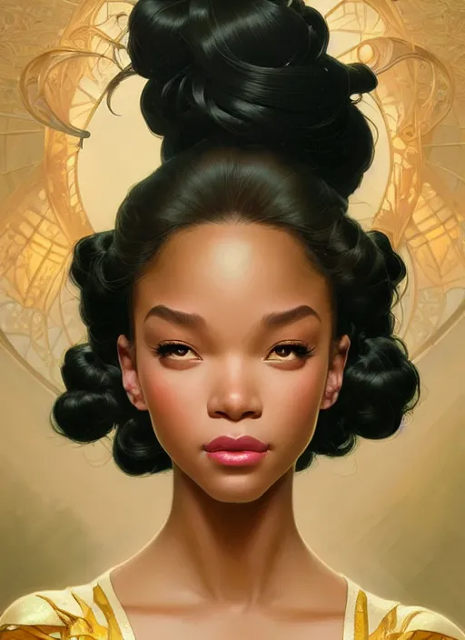 Prompt: portrait of disney tiana, intricate, elegant, highly detailed, my rendition, digital painting, artstation, concept art, smooth, sharp focus, illustration, art by artgerm and greg rutkowski and alphonse mucha and uang guangjian and gil elvgren and sachin teng, symmetry!!