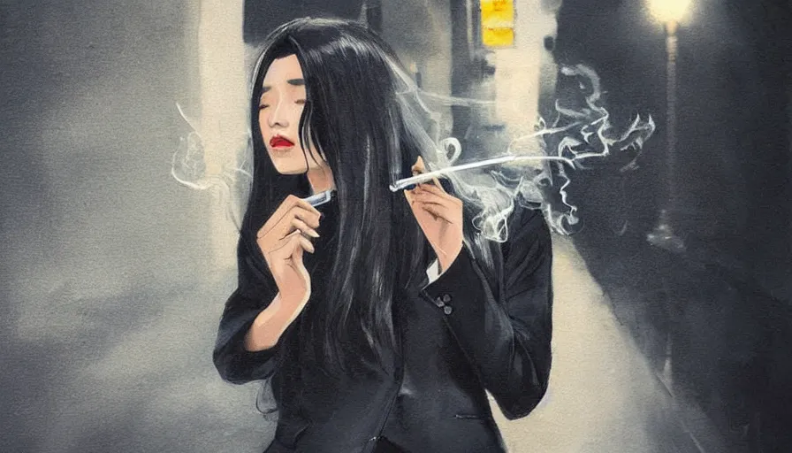 Prompt: a beautiful woman smoking, wearing a suit, street at night, asian, long black hair, hand - painted, guweiz style