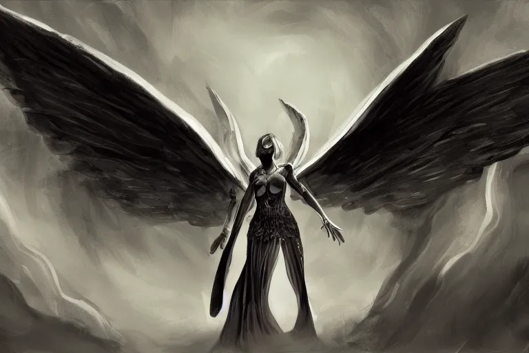 Image similar to concept art, woman angel in armor, large wingspan, dramatic pose