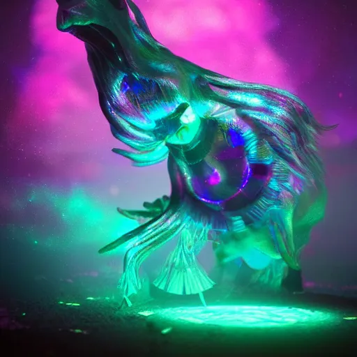 Image similar to this creature is a beautiful hologram that shimmers and glows in a myriad of colors. it is ethereal and otherworldly, and seems to defy the laws of physics 3 d octane render, artstation, andrew krivulya