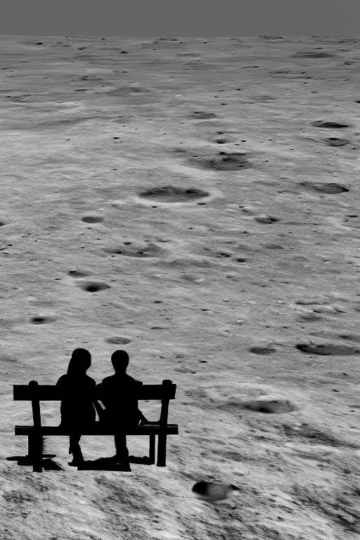 Image similar to Silhouette of a Couple sitting on a bench on the moon with a view of planet earth, photorealistic, high resolution, award winning, trending on artstation.