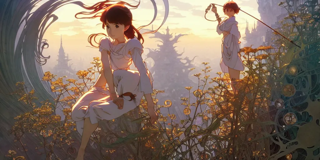 Image similar to twist your tiny lies into the spoon, spinning a web with your metallurgy. by hayao miyazaki and rossdraws and artgerm and greg rutkowski and alphonse mucha and studio ghibli. high quality, stunning, intricate detailed environment. 8 k