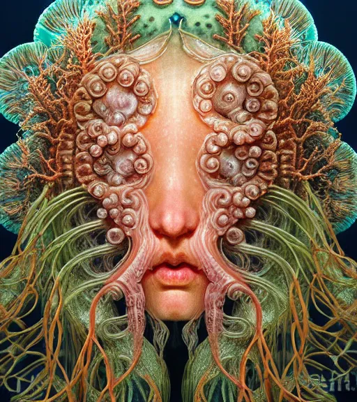 Image similar to hyperrealistic detailed underwater face portrait of the beautiful god of the jellyfish with an intricate headgear of corals, sea kelp, sea plants, fish, starfish, jellyfish, art by ernst haeckel, victor ngai, john william godward, gothic, neo - gothic, ornamental, beautiful deep colours,