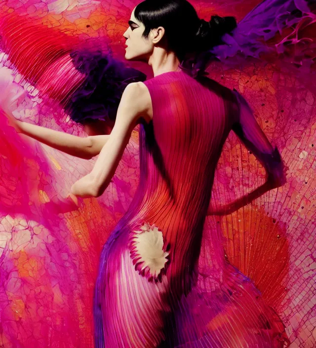 Image similar to la la land unseen film scene starring seductive sofia boutella dancing and dressed by an organic looking dress from designer * iris van herpen *, with stylish colorfull makeup. intriguing soft back lighting, geisha tattoo, highly detailed, skin grain detail, photography by paolo roversi, nick knight, helmut newton, avedon, araki