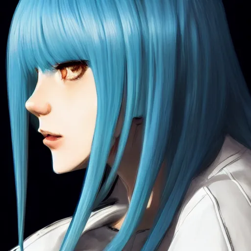 Image similar to profile shot of rimuru tempest, sky blue hair, straight hair, pretty, long bangs, amber eyes, all black jacket with white stripes, high collar, highly detailed, unreal engine 5, color block, digital painting, concept art, cinematic, wlop | artgerm, pixiv, greg rutkowski, ilya kuvshinov, andy warhol