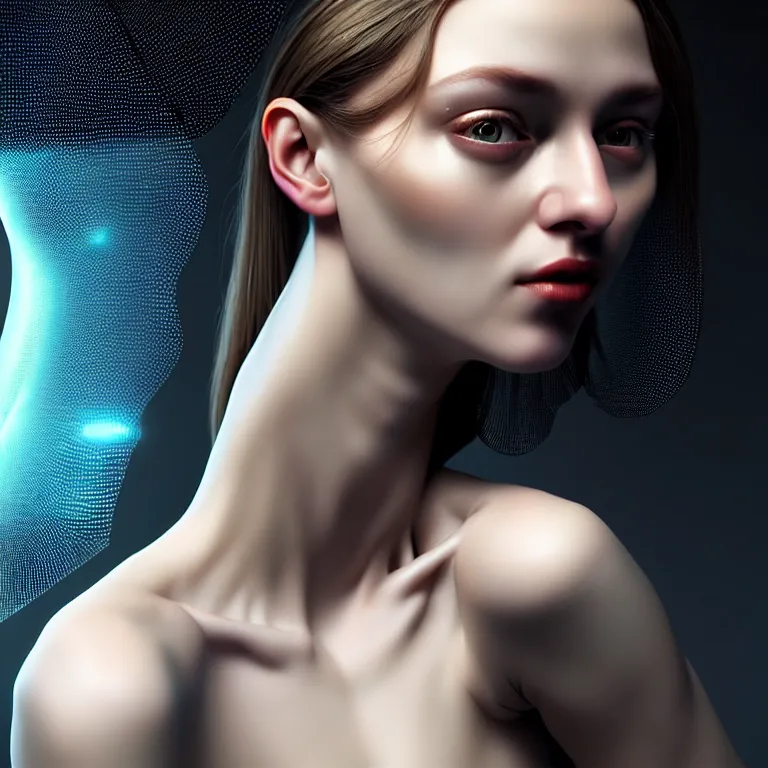 Image similar to hyperrealism photography computer simulation visualisation of parallel universe cgi scene with beautiful highly detailed ukrainian woman by caravaggio wearing neofuturistic neural interface by josan gonzalez - s 1 5 0