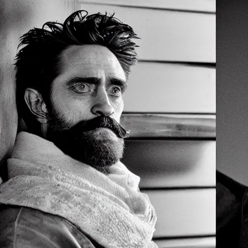 Image similar to Willem Dafoe with a beard and Robert Pattinson with a moustache in The Lighthouse (2019), high contrast, black and white cinematography