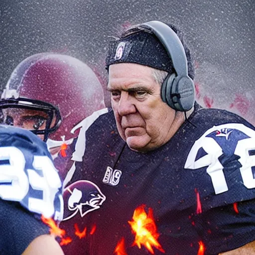 Prompt: Coach Belichick completely covered in flames and burning