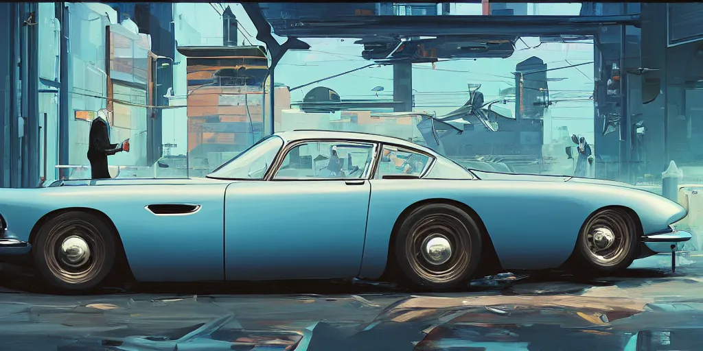 Image similar to art style by Ben Aronson and Edward Hopper and Syd Mead, wide shot view of the Cyberpunk 2077, on ground level. full view of the Aston Martin DB4 1958 with wide body kit modification and dark pearlescent holographic paint, has gullwing doors open.