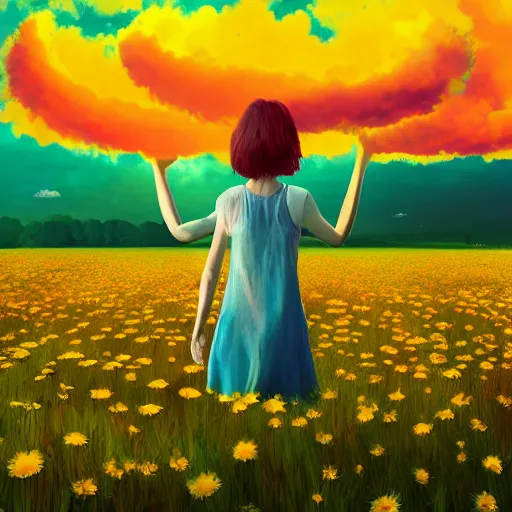 Image similar to giant daisy flower in front of head, full body girl floating in a flower field, surreal photography, sunrise, dramatic light, impressionist painting, colorful clouds, digital painting, artstation, simon stalenhag