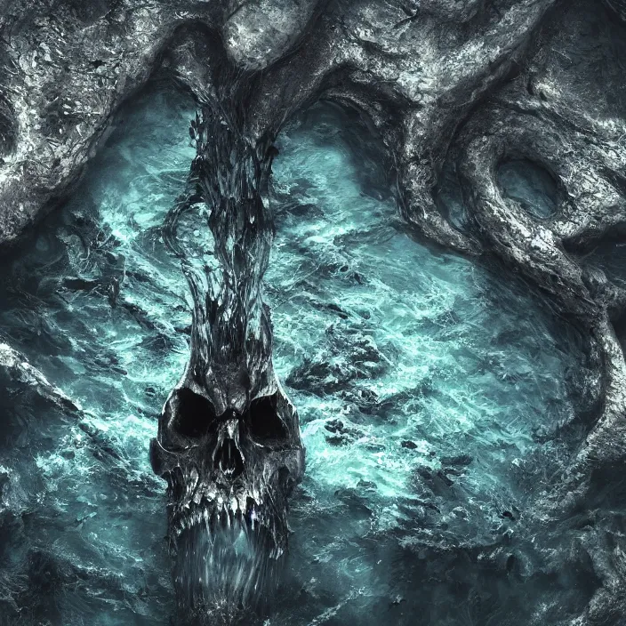 Image similar to half viking face half skull rising through water surface seen from above, dark fantasy art, 4k ultra hd, trending on artstation