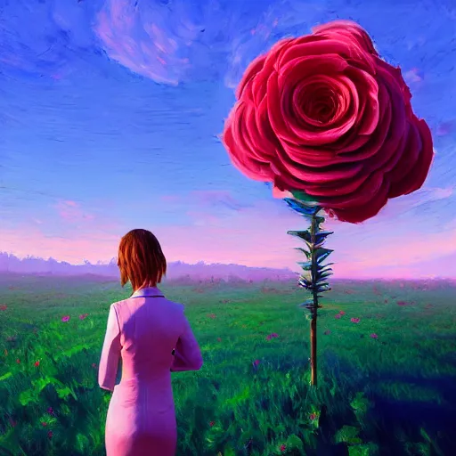 Image similar to closeup, giant rose flower head, frontal, girl in a suit, surreal photography, sunrise, blue sky, dramatic light, impressionist painting, digital painting, artstation, simon stalenhag