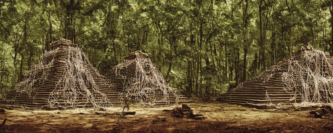 Image similar to an ancient aztec temple in the middle of the forest covered in spaghetti, canon 5 0 mm, cinematic lighting, photography, retro, film, kodachrome