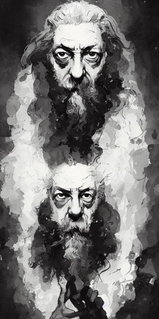 Prompt: Alan moore portrait, by greg rutkowski and mike mignola, matte painting, trending on artstation,