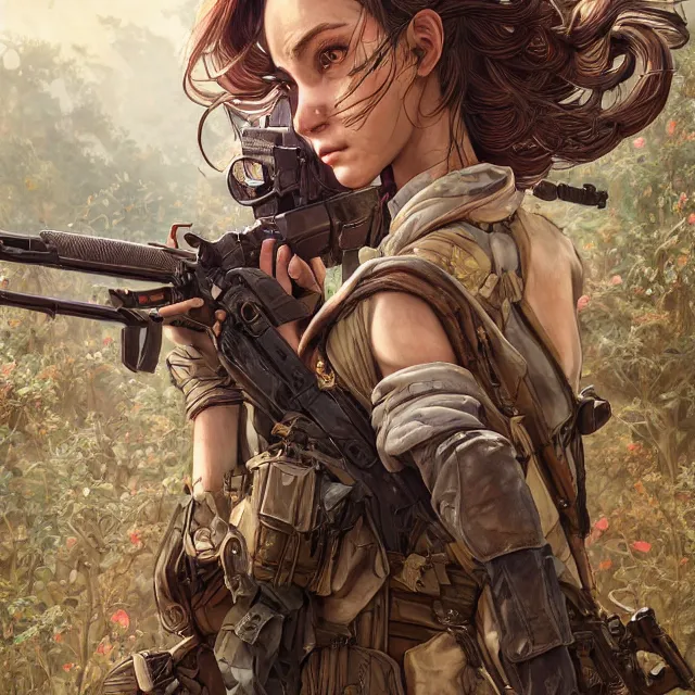 Image similar to the portrait of lawful neutral semi - colorful female infantry sniper as absurdly beautiful, gorgeous, elegant, young woman looking up, an ultrafine hyperdetailed illustration by kim jung gi, irakli nadar, intricate linework, bright colors, octopath traveler, final fantasy, unreal engine 5 highly rendered, global illumination, radiant light, detailed and intricate environment