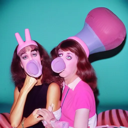 Image similar to 1982 twin women on tv talk show wearing an inflatable long prosthetic snout nose made of gooey pink slime, soft color wearing stripes sitting on vinyl chairs, pink slime everywhere, studio lighting 1982 color film archival footage 16mm John Waters Russ Meyer Almodovar Doris Wishman