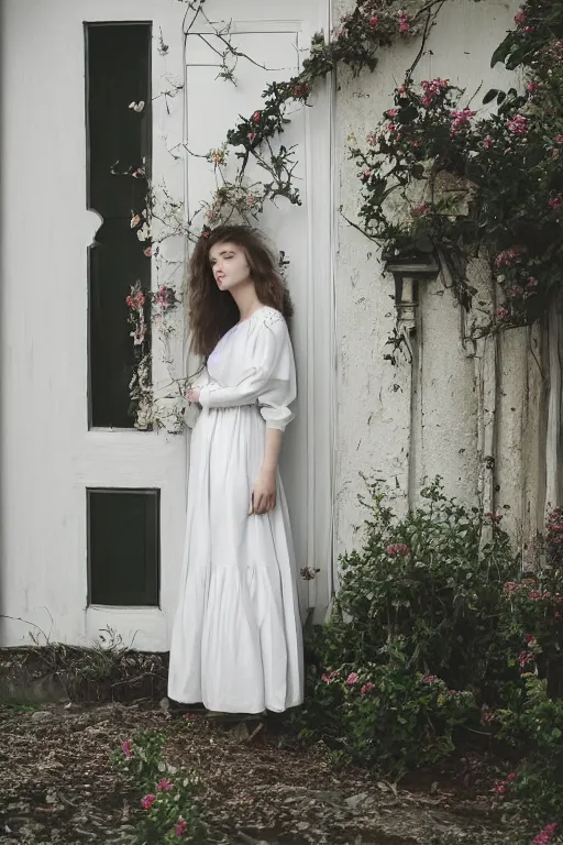 Prompt: a beautiful portrait photography of a female in beautiful dress standing by the white door ， by monia merlo, full body, fashion, romanticism, flowers, modern. model.