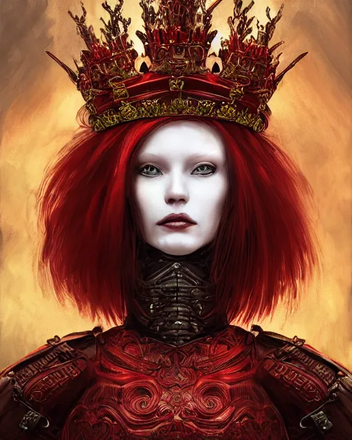 Prompt: redhead queen in heavy red armor, inside an epic gothic castle, baroque, large crown helmet, heart eyes, face with scars, mad grin, insane smile, intimidating, ominous, high fantasy, intricate detail, digital painting, artstation, concept art, smooth, sharp focus, illustration, art by yoshitaka amano and monia merlo and wlop