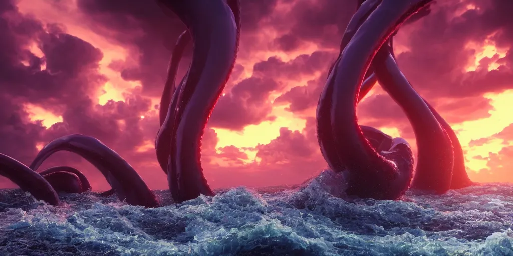 Prompt: 5 enormous tentacles coming out of the ocean, cinematic, clouds, sunset, stormy, octane render, trending on artstation, 4k,