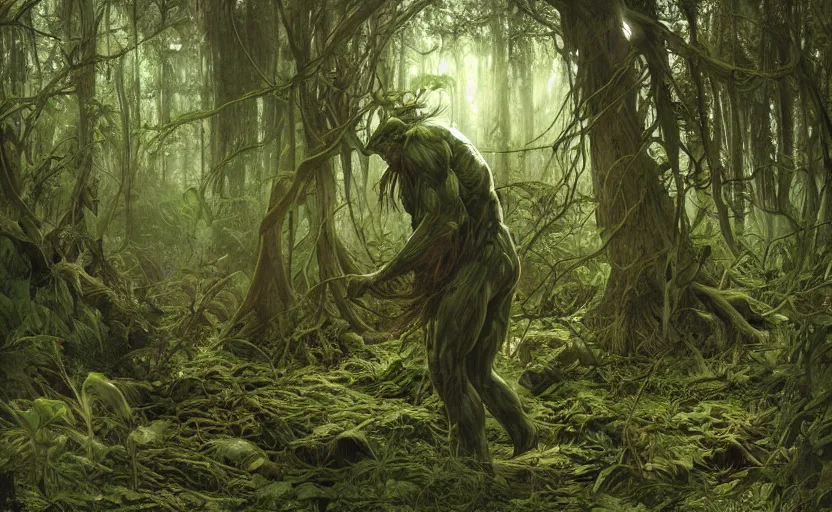 Image similar to digital painting of side view of swampthing walking in ovni crash site on swamp wasteland, extraterrestrial body parts on the floor, forest, moss, elegant artwork by lee bermejo and greg rutkowski and alphonse mucha