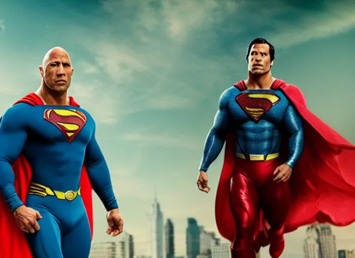 Prompt: film still of dwayne the rock johnson as superman in the new superman movie, 4 k