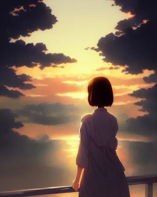 Prompt: kyoto animation, woman looking at sunset, beautiful, detailed portrait, cell shaded, 4 k, concept art, by wlop, ilya kuvshinov, artgerm, krenz cushart, greg rutkowski, pixiv. cinematic dramatic atmosphere, sharp focus, volumetric lighting, cinematic lighting, studio quality