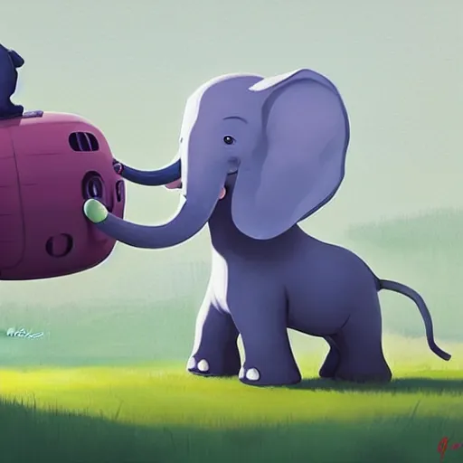 Prompt: cute elephant, playing with an alien boy, artwork by goro fujita,