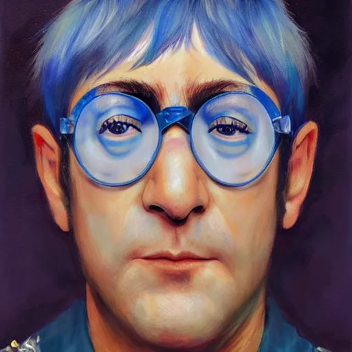 Image similar to midsommar blue hair elton john lennon, oil painting, emotional vision, artstation