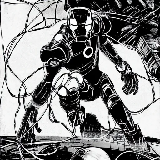 Image similar to black and white sad iron man with wires eat banana on hands on the destroed moon, wires earth background, by tsutomu nihei